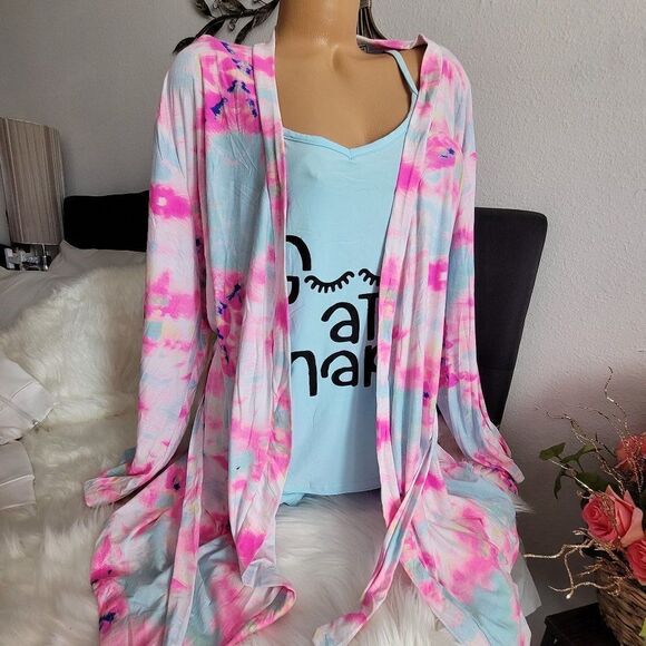 FRENCH AFFAIR 3 pc Pink-Blue pajama shorts, tank and robe Set NWT 909 - Picture 10 of 10